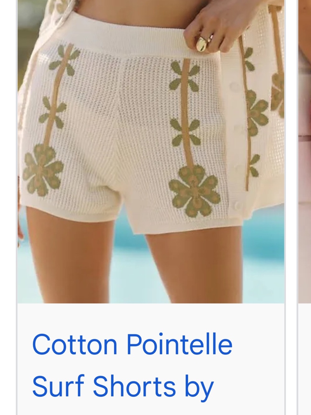 Cream High-Waist Cotton Pointelle Shorts with Olive Floral Trim